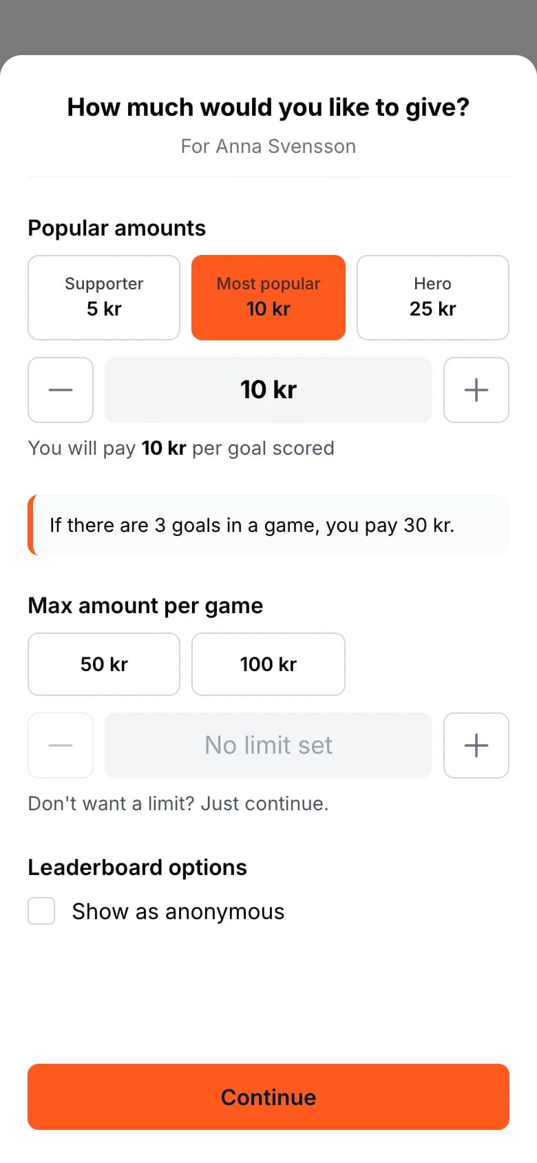 Example: the supporter picks an amount per goal